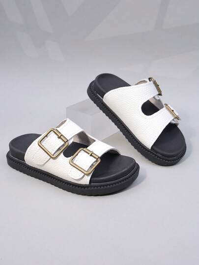 1 Pair Of Girls' Sandals, Metal Buckle Decoration, Imitation Lychee Pattern PU Material, Comfortable And Easy To Walk, Exposed Toe Low Cut, Adjustable Strap (Slipper Design), Flat Heel Style, Retro Workwear Style Slippers, Suitable For Summer Home And Outdoor Play