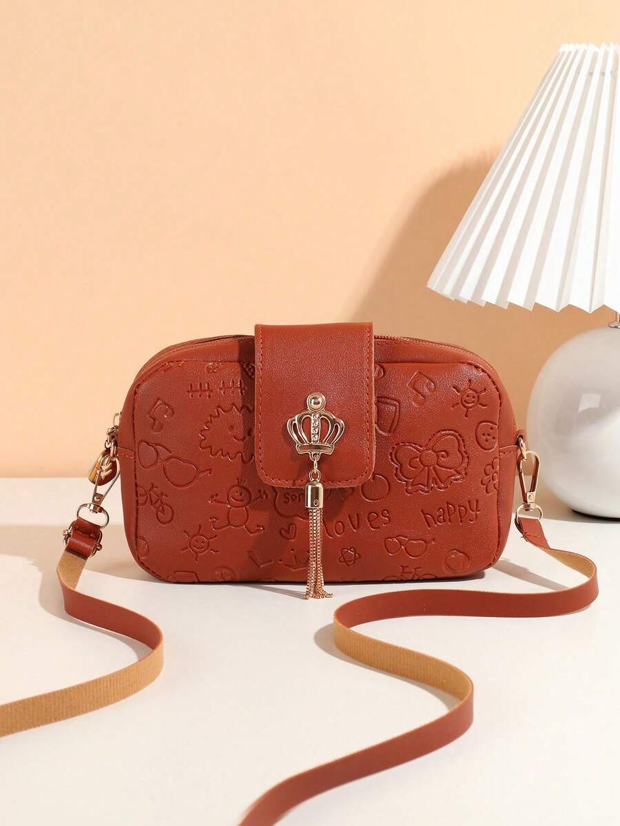 Fashionable Embossed Crown Pendant Tassel Crossbody Bag - Brown - View 1