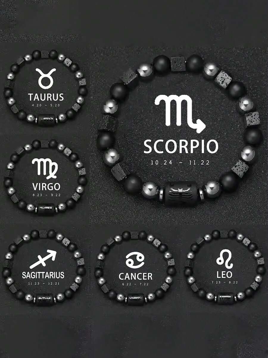 YAUKIA 十二生肖男女情侣友谊手链，火山石和赤铁矿珠子串成，绝佳的个性化礼物 - 彩色 - 查看 1