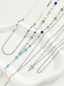 5 件复古金属十字架吊坠 Y 型项链，波西米亚风格彩色水晶吊坠项链套装，适合女性日常、度假、派对、约会、送给朋友的节日礼物 - 銀色 - 查看 7