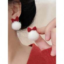 1 Pair Cute Versatile Christmas Red Bow Fuzzy Ball Stud Earrings, Soft Plush Texture, Retro Romantic Earrings, Suitable For Women In Any Occasion, Christmas & New Year - 彩色 - 查看 3