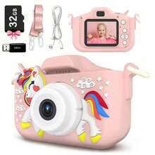 儿童相机带 32GB 卡，1080P 高清数码摄像机，适合 3-9 岁女孩男孩，圣诞节生日礼物，独角兽卡通自拍摄像机玩具，适合幼儿