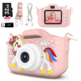 儿童相机带 32GB 卡，1080P 高清数码摄像机，适合 3-9 岁女孩男孩，圣诞节生日礼物，独角兽卡通自拍摄像机玩具，适合幼儿