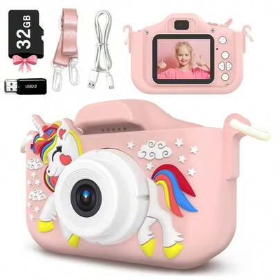 儿童相机带 32GB 卡，1080P 高清数码摄像机，适合 3-9 岁女孩男孩，圣诞节生日礼物，独角兽卡通自拍摄像机玩具，适合幼儿