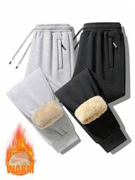 2 piezas/Set Pantalones con cordón térmicos y gruesos para hombres, pantalones deportivos informales sueltos con forro térmico, para invierno