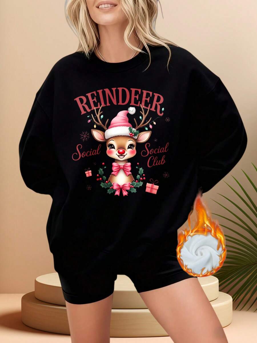 Reindeer Social Club Christmas Sweatshirt Women Cute Holiday Reindeer Print Oversized Crewneck Sweater Black Xmas Gift TopHappy Christmas, Ladies' Long Sleeved Round Neck Hoodie - Black - View 1