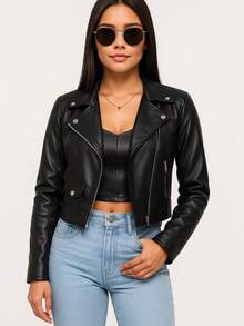 Women's Biker Jacket In Faux Leather – Style And Attitude - 黑色皮革 1 - 查看 2