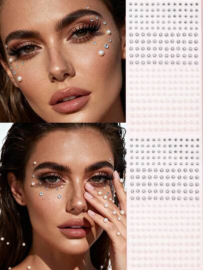 STARTTOOS 2PCS Multi-Grain Silver White 3D Faux Rhinestone & Pearl Face Decor Stickers For Women, 3D Facial Decoration Gems For Festival Gift, DIY Music Festival, Party, Makeup Ball, Eye Tail & Face Decoration
