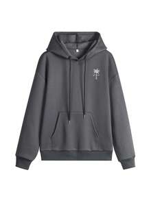 女士印花长袖抽绳连帽卫衣，带口袋，休闲宽松套头衫，时尚冬季服装，适合日常穿着 - 深灰 - 查看 4