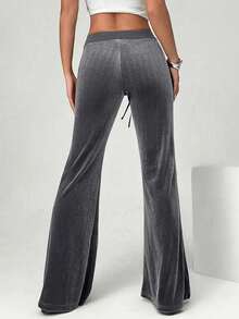 Calça de Moletom Feminina Casual de Cor Sólida com Cordão, Bolso e Nó, para Palco e Concerto - Prata - Visão 2