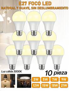 1pieza/6piezas/10piezas/20piezas/30piezas/50piezas bombilla LED, Foco Led, bombillas de iluminación LED para interiores,Foco Led de Luz cálida  5W/7W/9W/12W/15W/18W/21W ,Luz cálida 3000K, luz LED de 500-2100 lm, equivalente a 100 W,base estándar E27, blanco natural, no regulables,para recámara, sala de estar, ideal para interiores. - 10 piezas - Ver 2