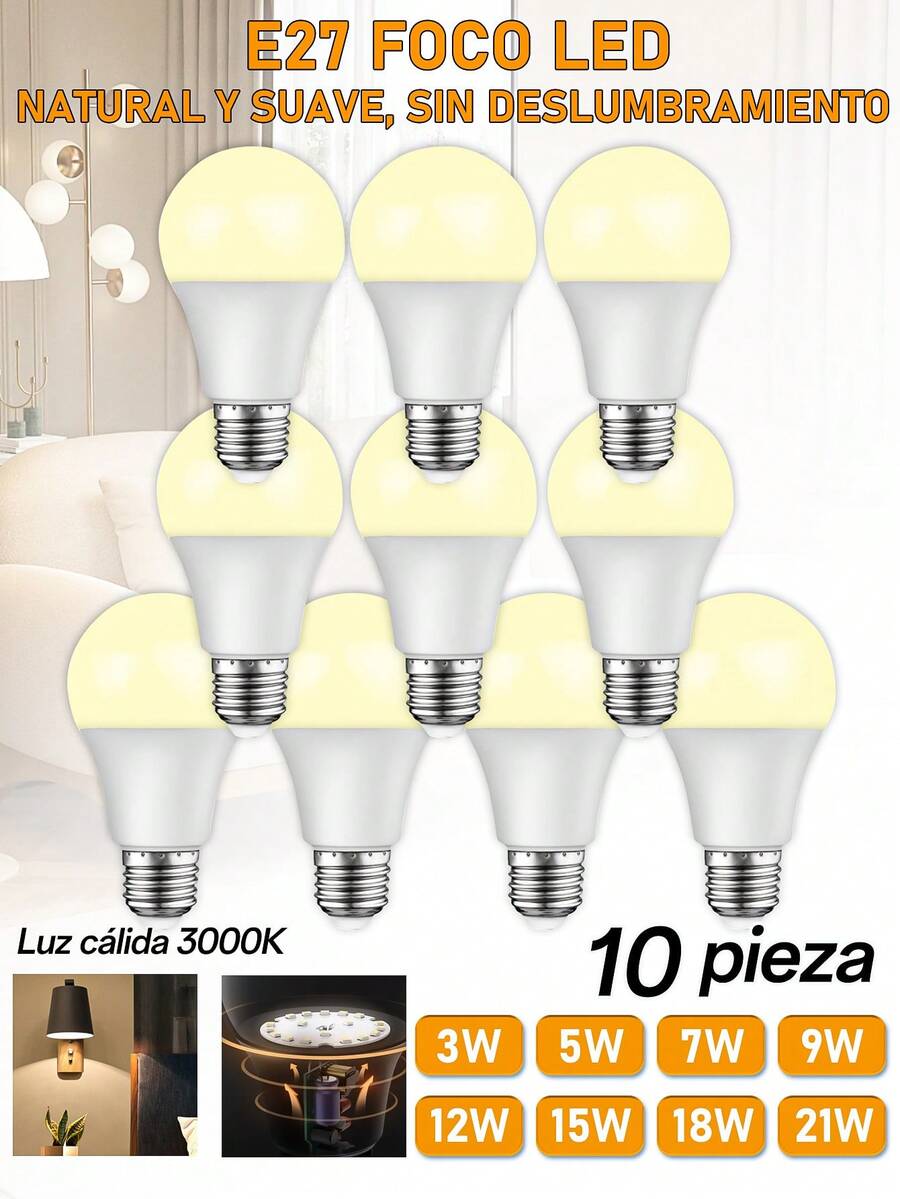 1pieza/6piezas/10piezas/20piezas/30piezas/50piezas bombilla LED, Foco Led, bombillas de iluminación LED para interiores,Foco Led de Luz cálida  5W/7W/9W/12W/15W/18W/21W ,Luz cálida 3000K, luz LED de 500-2100 lm, equivalente a 100 W,base estándar E27, blanco natural, no regulables,para recámara, sala de estar, ideal para interiores.