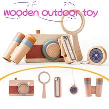 1盒户外木制玩具，儿童探险套装，包含木制望远镜、相机、放大镜、指南针，户外玩具，角色扮演玩具，昆虫观察玩具，适合3岁以上幼儿，男孩女孩皆宜，圣诞礼物
