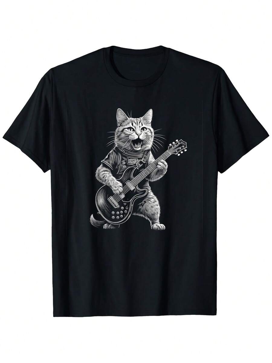 Men's & Women's Vintage Rock Star Cat Playing Guitar T-Shirt - 100% Cotton Retro Rock 'n' Roll Tee With White Music Notes & Stratocaster Design, Soft Breathable Fabric, S-XXXL Sizes For Casual Wear & Music Lovers - Black - View 1