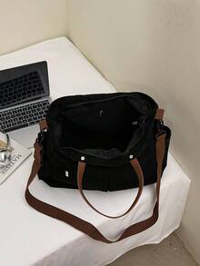 女士多口袋手提包，简约时尚单肩斜挎包，轻便可折叠购物袋，适合购物、旅行、办公 - 黑色 - 查看 8