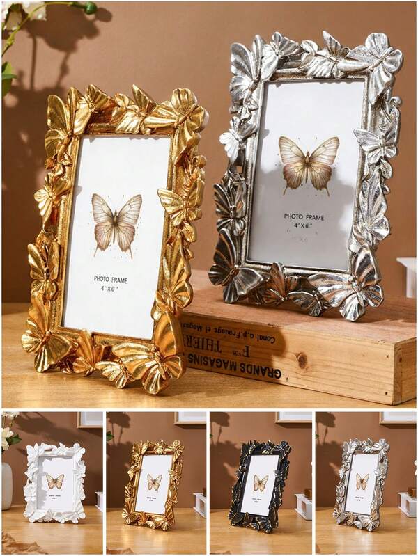 1pc European Style White, Gold, Black, Silver Resin 3D Butterfly Decor Rectangular Photo Frame, Modern Resin Material Indoor Decor Picture Display Frame, Multi-Color Options, Suitable For Home Photo Display And Photography Prop