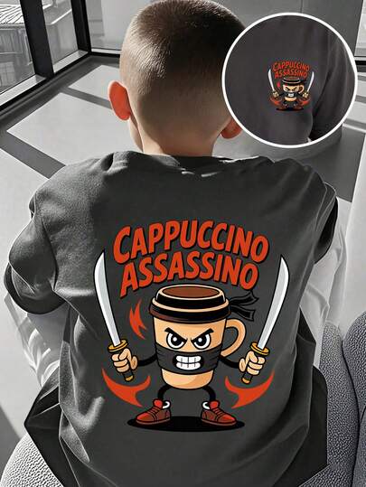 卡通图案印花圆领休闲短袖T恤，男童款