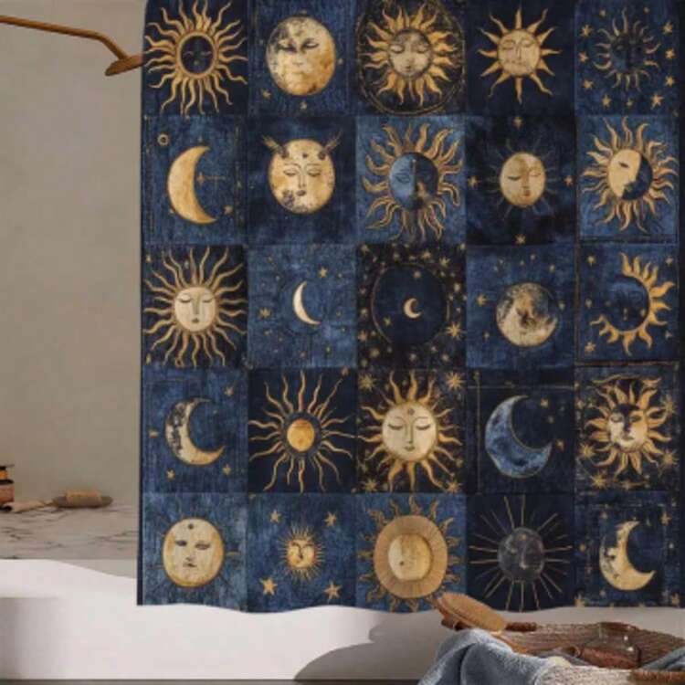 1 Pc Splicing Sun, Moon, Star Print Shower Curtain, Polyester Material Shower Curtain, Curtain With 12 Hooks Curtain For Windows Bathroom Decor - Multicolor - View 2