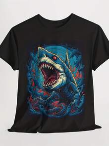 Scary Shark Uni Tee - Graphic Black T-Shirt, Pm Cotton Crewneck For  & Wo, Perfect Gift,This Fun Printed Casual T-Shirt Is The Perfect Gift For Valentine's Day/Christmas - 款式21 - 查看 1