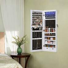 SONGMICS Espejo Joyero de Pared, Espejo Joyero Colgante sin Marco, Armario de Joyas con 6 LEDs para Colgar en la Pared o en la Puerta, Gran Capacidad con 2 Cajones, Blanco,Regalo de Navidad - Blanco - Ver 2