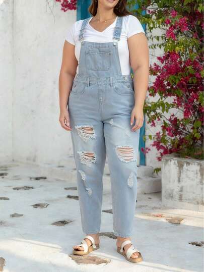 Salopette en jean pour femmes grandes tailles à taille haute, avec bretelles effilochées et délavées