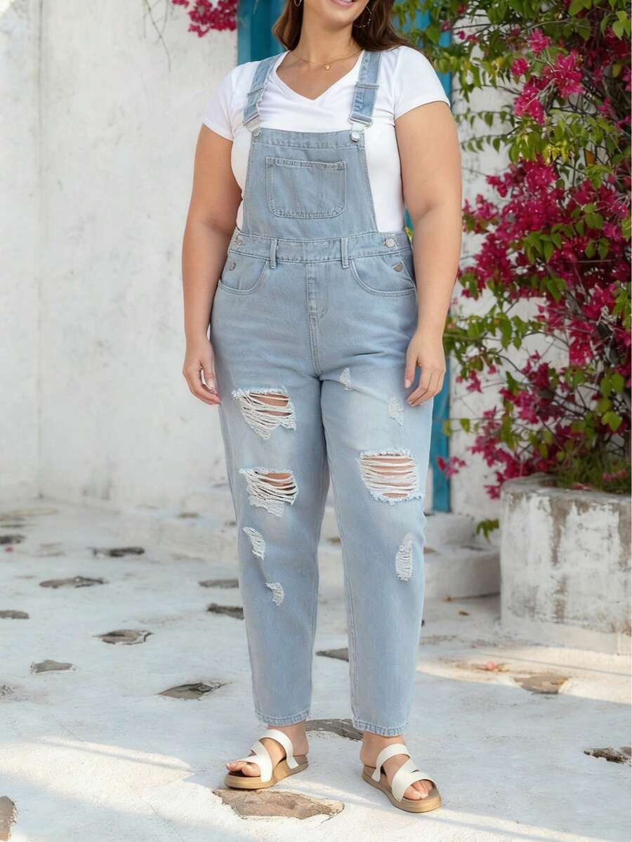 Washed Distressed Strap Fitted High Waist Plus Size Women Denim Overalls - Blue - View 1