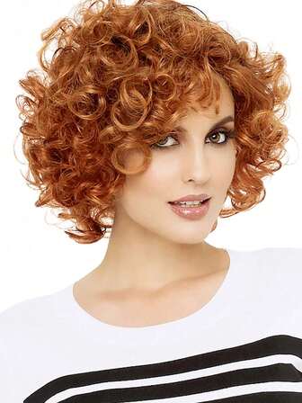 Damperuk Chic 8-tums kort lockig peruk med lugg för kvinnor - Mångsidig syntetisk peruk för jul, mors dag, varje dag och fester, alla årstider