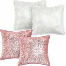 4 Pcs Sequin And Fluffy Pillow Covers Winter Throw Pillow Cases Soft Cushion Cover Couch Bed Sofa (18 X 18 Inch, Pink, White) - 粉紅色,銀色 - 查看 1