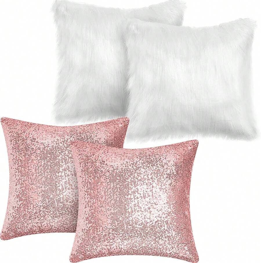 4 Pcs Sequin And Fluffy Pillow Covers Winter Throw Pillow Cases Soft Cushion Cover Couch Bed Sofa (18 X 18 Inch, Pink, White) - 粉紅色,銀色 - 查看 1