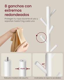 VASAGLE Perchero, Madera Maciza, en Forma de Árbol, 8 Ganchos para Chaquetas, Sombreros, para Pasillo, Ganchos y Barra de Soporte de Madera de Caucho, Blanco Nube,Regalo de Navidad - Blanco - Ver 3