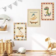 1pc, Canvas Wall Art, Framed Nursery Wall Art Charming Illustrations, Whimsical Children's Wall Decor Featuring Ducks, Dinosaurs And Puppies Adorable Animal Wall Art, Dreamy Nursery Decor Ideal For Children's Rooms, Nurseries, Playrooms, Kindergartens, Boys' Rooms, Girls' Rooms And Play Areas Waterproof. Perfect Party Gift - Multicolor - View 7