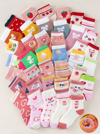 Random 1/5/10pairs Children's Winter Thick Looped Girl Paired With A Cute Little Pig Design With A Love Bow, Warm Floor Socks, Mid Tube Socks