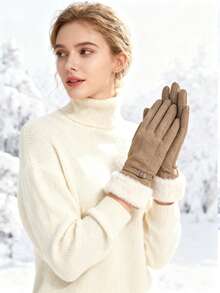 1 Pair Of Cartoon-Print Women's Thermal Lined Gloves, Featuring A Cute Style With A Thermal Lined Split-Finger Design, Perfect For Winter Warmth And Fashionable Outfits.