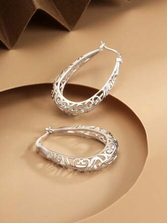 1 Pair S925 Sterling Silver Hollow Water Drop Oval Hoop Earrings, Vintage Minimalist Fashion Plated Gold/Silver Jewelry, Daily Wear Jewelry Gift For Mother, Girlfriend, Friend, Couple