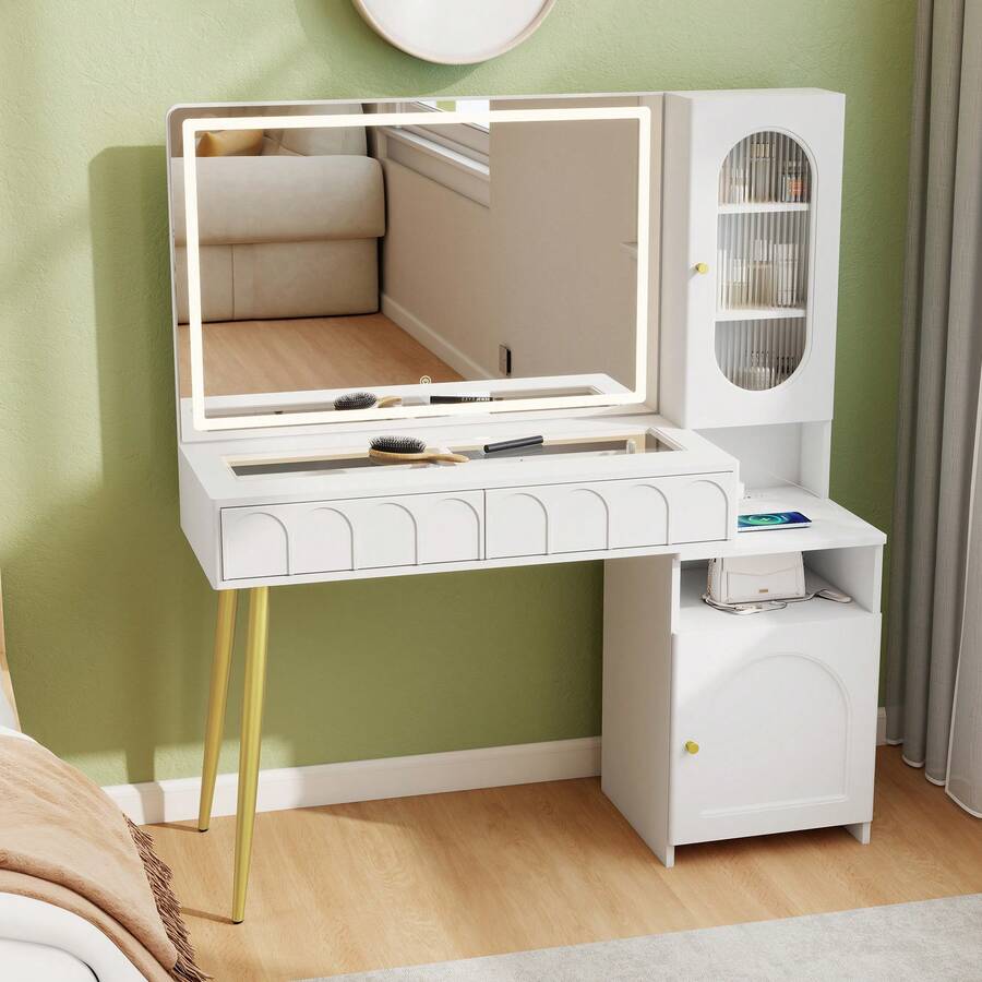 47.5" Big Modern Vanity  With Mirror And Lights, Fluted Makeup Vanity With Glass Top, Vanity Desk With 2 Drawers & Glass Cabinet, Wood Vanity With Storage Cabinet,3 Lighting Modes For Bedroom,Gift For Girls Women - 查看 1