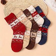 5 Paar bequeme Rentier-Muster Mittellange Socken, Damen Socken - Dicke Weihnachtssocken für Damen, entworfen mit Feiertags-Tiermotiven in Rot, Beige, Braun und Dunkelblau, perfekt für Weihnachtsfeierlichkeiten, die erste Wahl für Weihnachtssocken