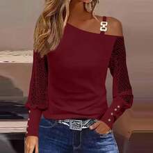 Herbst Sexy Bluse Damen Elegant Off-Shoulder Langarm Blusen für Frauen Mode Pullover Weiß - Rot - Übersicht 8