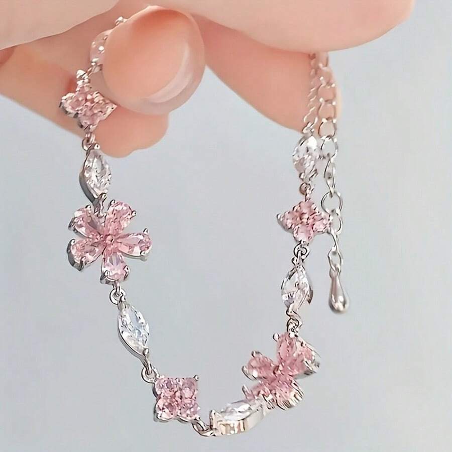 1 Piece - Elegant Pink Cherry Blossom Bracelet, Women's Fashion Cute Exquisite Cube Petal Adjustable Bracelet - Hồng - Xem 1