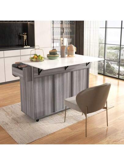 139x46(71)X91.5cm Dining Trolley/Sideboard, Zwart Body Solid Wood Grain Worktop, Fold Down Storage Door, Casters, Replaceable Feet, Room, Kitchen. Serving Trolley/Side Cabinet, Grijs Veneer The Wit Marble ation Cabinet/Fold Worktop/Storage Doors/R view 4