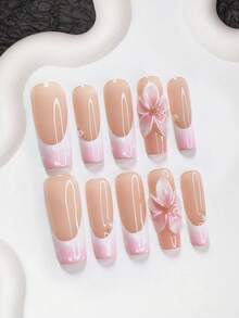 10pcs Pink Gel Nail Art Set, Polka Dot Nail Stickers, Handpainted French Nail Decals, 3D Gradient Floral Fake Nails With Small Pearl Accents, 3 Sizes: Almond, Coffin, Duck Mouth, Includes Nail Tools (1 Jelly Sticker + 1 Nail File), Suitable For Party, Wedding, Autumn/Winter, Casual & Daily Wear, Great Gift For Women - 彩色 - 查看 13