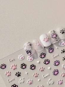 1pc Cute Cat Claw Nail Art Sticker, Cartoon Animal 3D Embossed PVC Sticker, Suitable For Nail Salon And DIY Nail Art Supplies, Glossy Surface, Embroidery Style Single Use Decals, Asymmetrical Shape - Fit For Women Nail Decoration - Nhiều màu - Xem 4