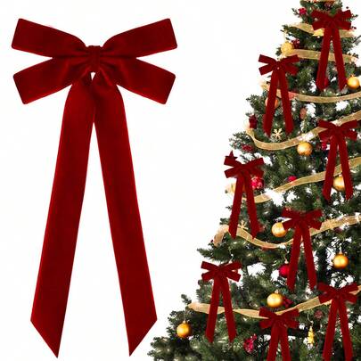 12pcs Christmas Tree Flocked Decorations Bowknot Flocked Ribbon Hanging Ornaments Holiday Decor, Christmas Wreath Bowknot Pendant Gifts, Christmas Eve Christmas Tree Decorations Christmas Decorations Winter Room Decor