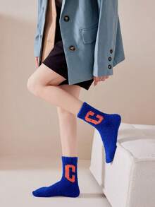 3 pares de calcetines de felpa coral para mujer, con diseños de letras y deportes, cálidos y cómodos, sin desprendimiento, aptos para dormir y usar en casa, otoño/invierno, calcetines acogedores - Multicolor - Ver 6