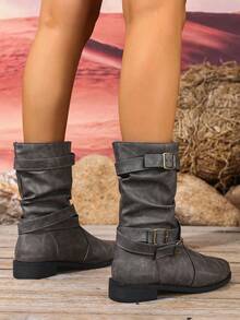 2025 Autumn/Winter New Women's Pointed Toe Flat Vintage British Style Mid-Calf Boots With Double Buckle Soft Leather Casual Riding Boots - Grey - View 5