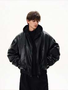 Gridborn Men Jacket Two Layer Look PU Leather Zip Up Loose Fit Bomber Style For Casual Wear - Black - View 2