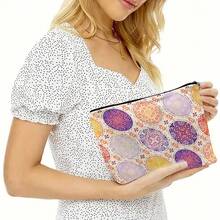 1pc Retro Holiday Style Polyester Canvas Cosmetic Bag, Large Capacity Double-Sided Printed Ladies Makeup Bag, Lightweight Travel Makeup Bag With Zipper, Multifunctional Mandala Print Design, Suitable For Women, Mixed Colors - Thoughtful Gift For Moms, Sisters, Friends, Daily Essential, Joyful Aesthetics, Zipper, Portable Storage Bag, Great Gift For Sisters
