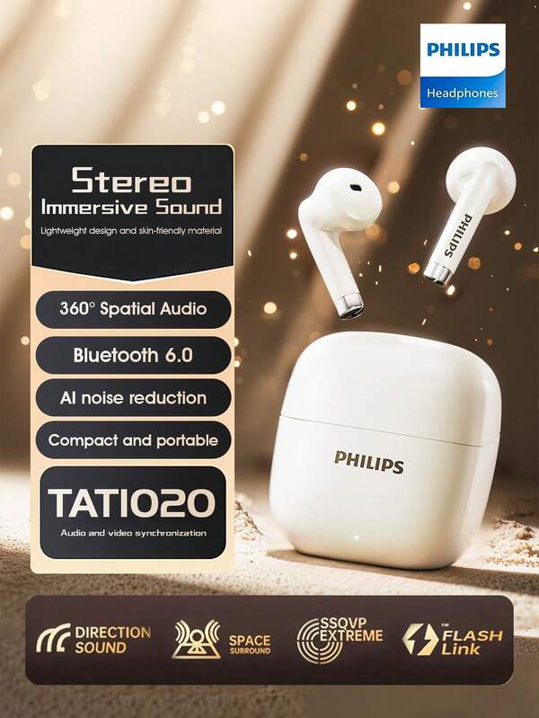 PHILIPS 필립스 무선 블루투스6.0 이어버드, 세미 인 이어, 높은 음질, 게이밍 노이즈 감소, 아이폰 및 안드로이드용 범용, 모델 TAT1020