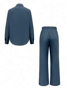 女士纯色休闲口袋前扣两件套，日常穿着，春秋季 - 藍色 - 查看 3