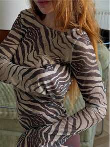 Women's Long Sleeve Fashionable Zebra Print Sheer T-Shirt - Multicolor - View 7