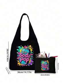 Print With Soda Pop Pattern Shoulder Bag And Cosmetic Bags Set, Shopping Bag,Multi Functional Portable Handbag, Shoulder Bag,Large Capacity Fashion Simple Style Durable Gunny Bag,Skin Care Product Storage Bags,Makeup Bag, For Handbags,Suitable With Suitable For Outdoor Picnics, Parties, Travel And Shopping, Gifts For Family And Friends - Black - View 7